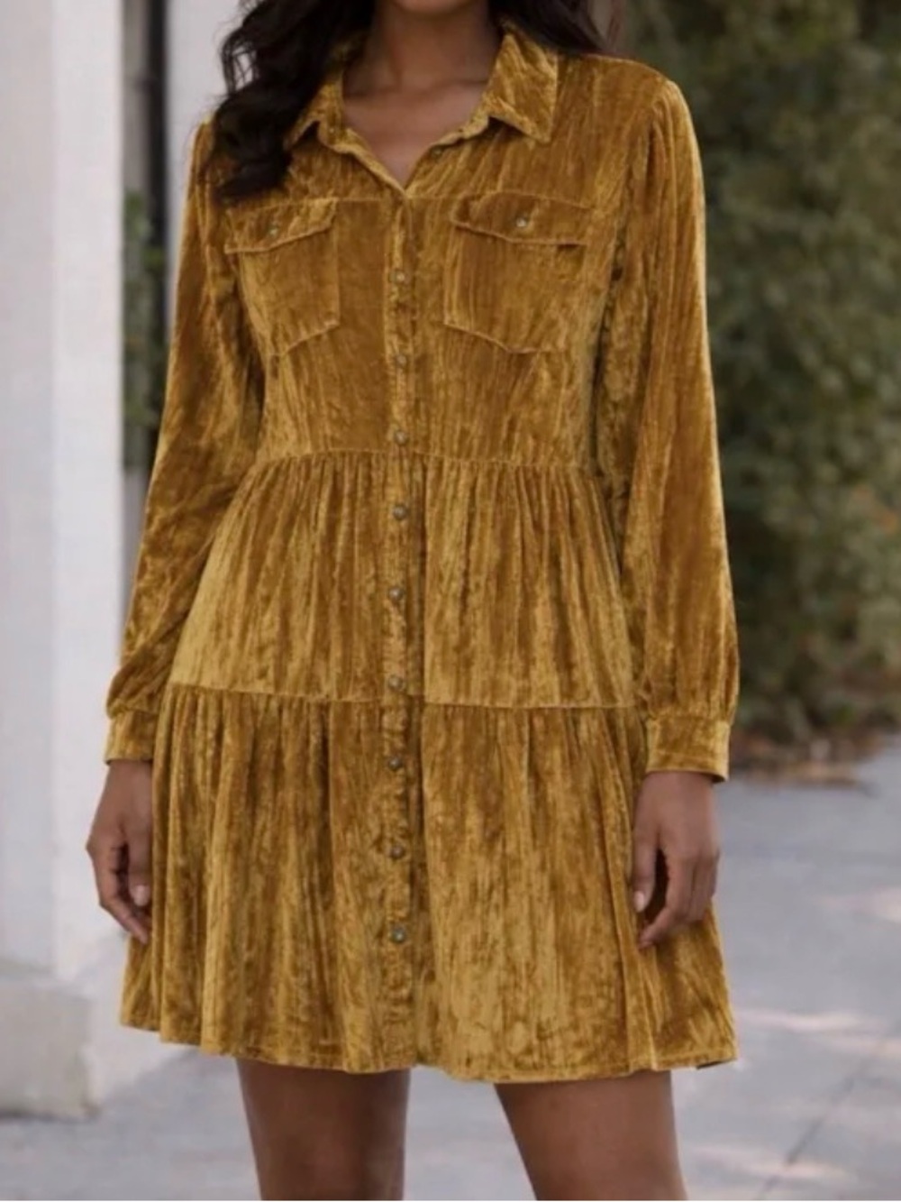 Velvet Button-Front Tiered Dress in Mustard by Cato Size M